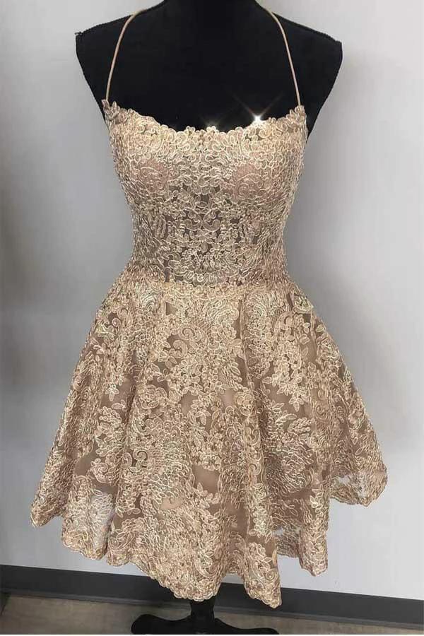 A Line Spaghetti Straps Cross Back Blue Lace Short Prom Dresses PD259 by pgmdress