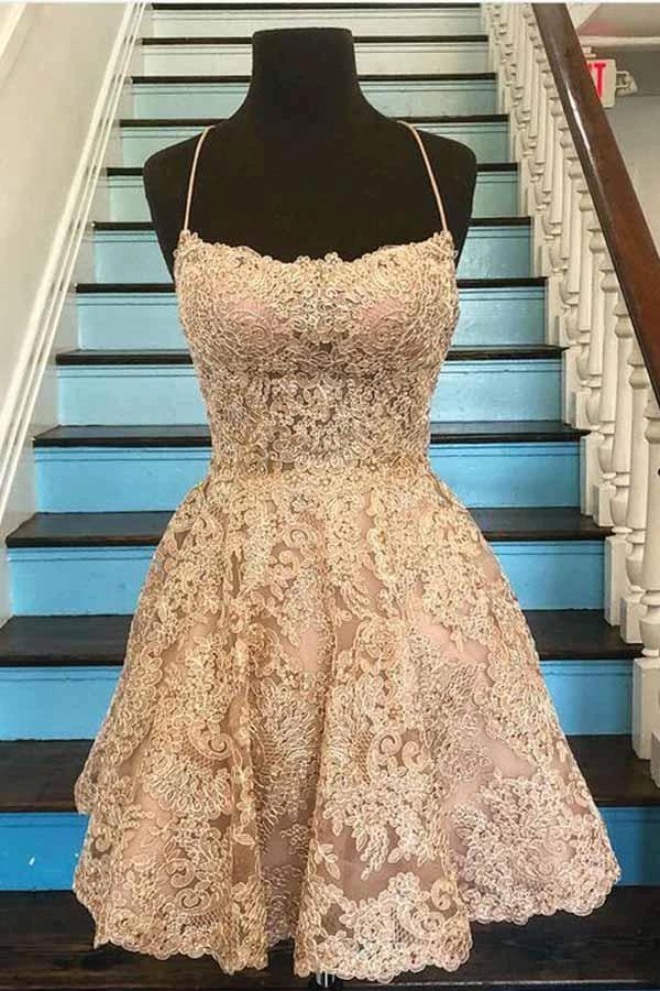 A Line Spaghetti Straps Cross Back Blue Lace Short Prom Dresses PD259 by pgmdress