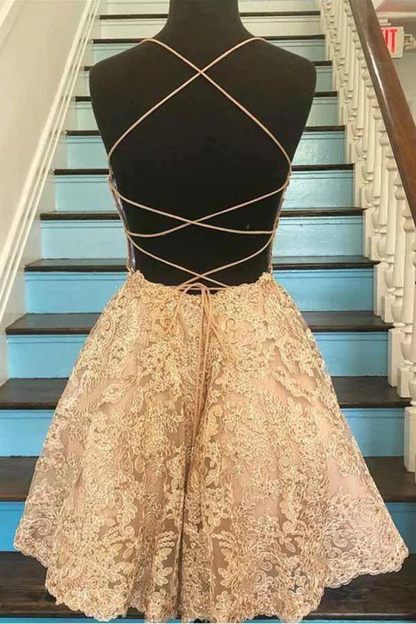 A Line Spaghetti Straps Cross Back Blue Lace Short Prom Dresses PD259 by pgmdress