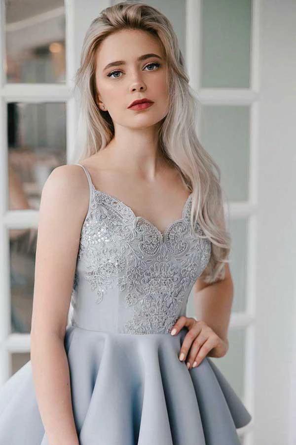 A-Line Spaghetti Straps Grey Satin Homecoming Dress with Appliques PD027 by pgmdress