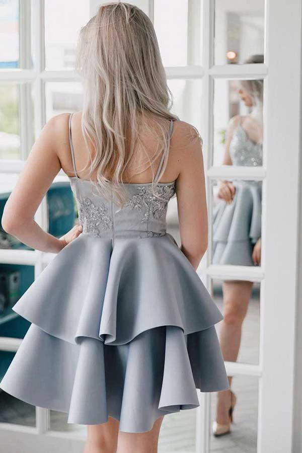 A-Line Spaghetti Straps Grey Satin Homecoming Dress with Appliques PD027 by pgmdress