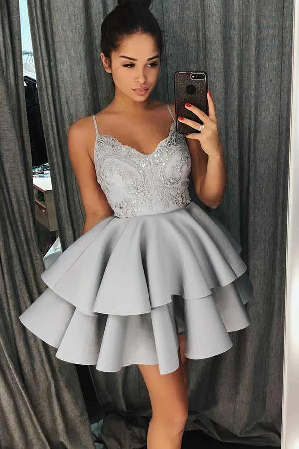 A-Line Spaghetti Straps Grey Satin Homecoming Dress with Lace Beading PD024 by pgmdress