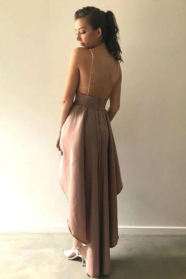 A-Line Spaghetti Straps High Low Blush Satin Homecoming Dress PD006 by pgmdress