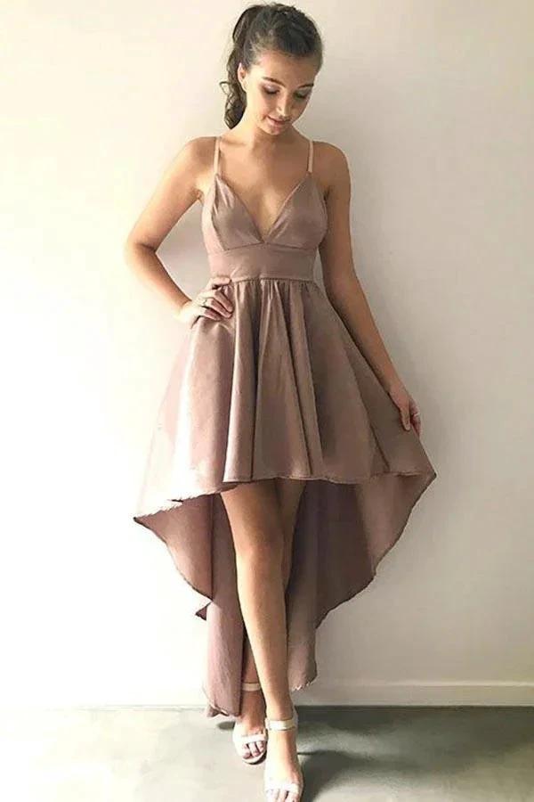 A-Line Spaghetti Straps High Low Blush Satin Homecoming Dress PD006 by pgmdress