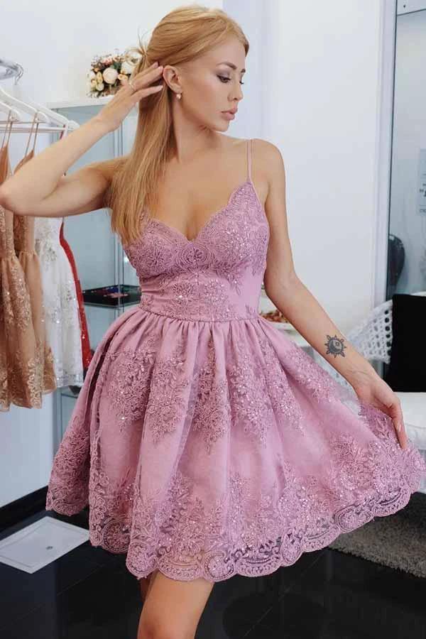 A-Line Spaghetti Straps Homecoming Prom Dress with Appliques PD056 by pgmdress