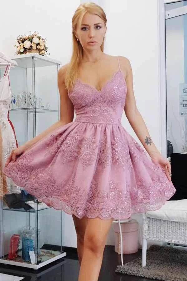 A-Line Spaghetti Straps Homecoming Prom Dress with Appliques PD056 by pgmdress