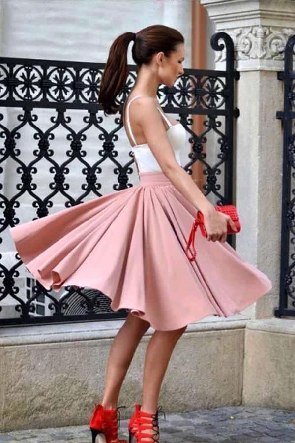 A-Line Spaghetti Straps Knee-Length Blush Homecoming Dress with Pleats PD214 by pgmdress