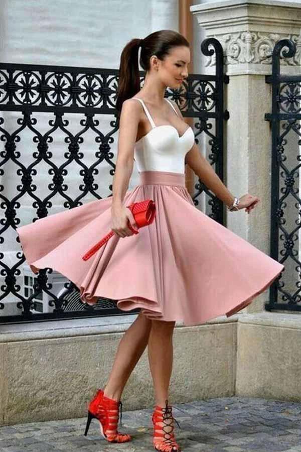 A-Line Spaghetti Straps Knee-Length Blush Homecoming Dress with Pleats PD214 by pgmdress