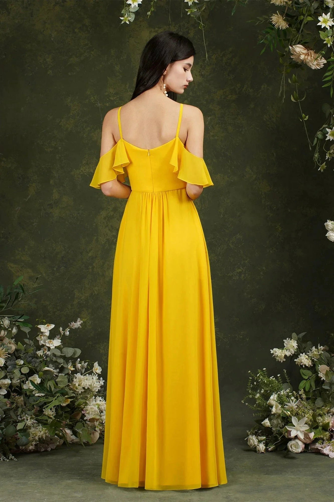 A-Line Spaghetti Straps Off-the-shoulder Ruffles Chiffon Bridesmaid Dress With Pockets by misshow.com