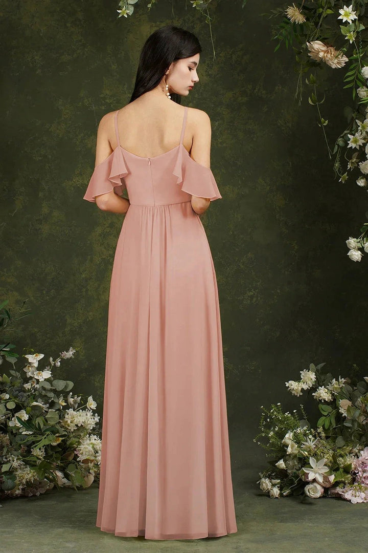 A-Line Spaghetti Straps Off-the-shoulder Ruffles Chiffon Bridesmaid Dress With Pockets by misshow.com