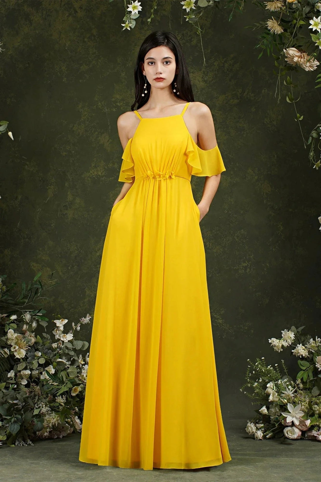 A-Line Spaghetti Straps Off-the-shoulder Ruffles Chiffon Bridesmaid Dress With Pockets by misshow.com