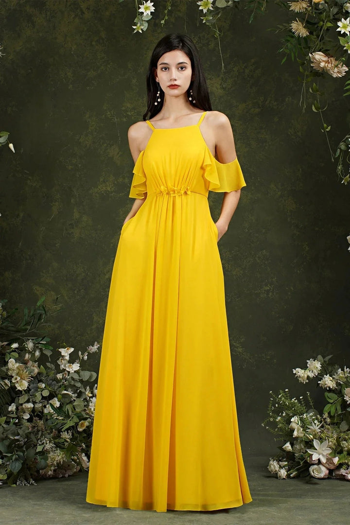 A-Line Spaghetti Straps Off-the-shoulder Ruffles Chiffon Bridesmaid Dress With Pockets by misshow.com