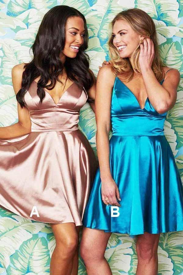 A-Line Spaghetti Straps Short Blush Satin Homecoming Dress PD055 by pgmdress