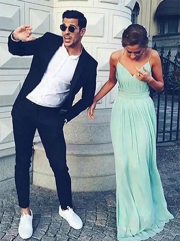 A-Line Spaghetti Straps Sleeveless Floor-Length With Ruched Chiffon Prom Dresses by misshow.com