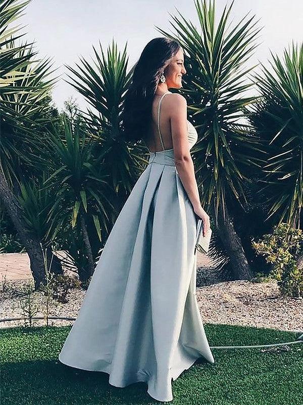 A-Line Spaghetti Straps Sleeveless Floor-Length With Ruffles Satin Prom Dresses by misshow.com
