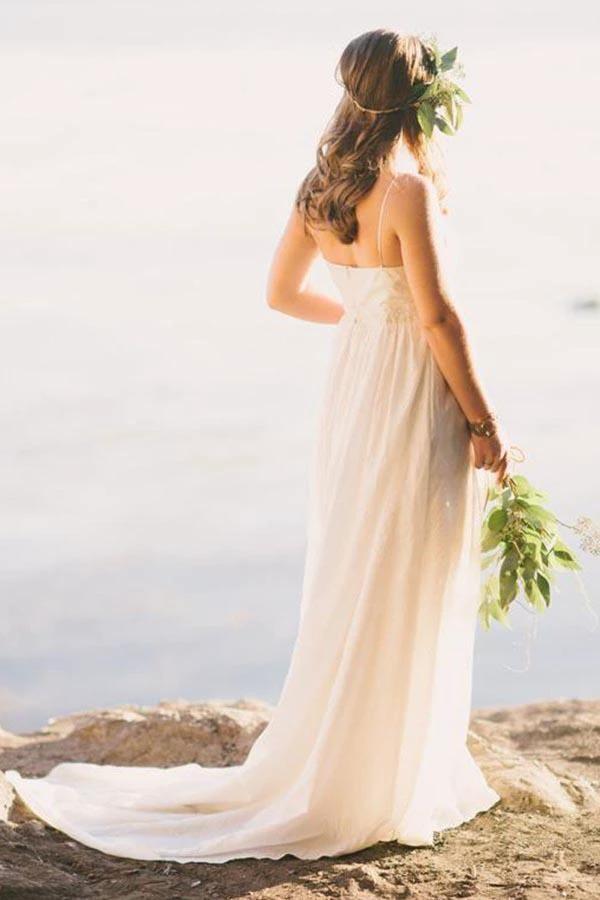 A-Line Spaghetti Straps Sweep Train Chiffon Wedding Dress WD240 by pgmdress