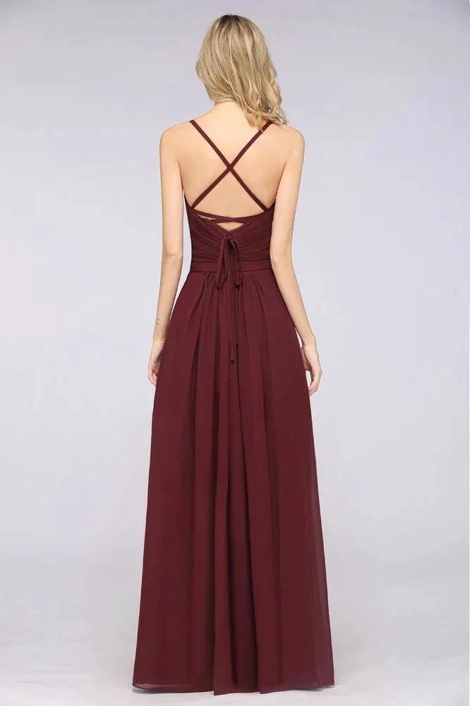 A-Line Spaghetti-Straps Sweetheart Sleeveless Bridesmaid Dress Ruffles Chiffon Evening Maxi Gown by misshow.com