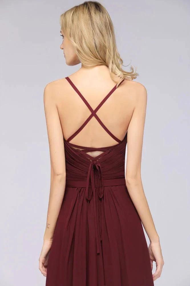 A-Line Spaghetti-Straps Sweetheart Sleeveless Bridesmaid Dress Ruffles Chiffon Evening Maxi Gown by misshow.com