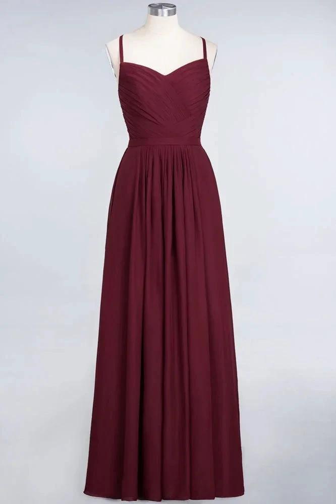 A-Line Spaghetti-Straps Sweetheart Sleeveless Bridesmaid Dress Ruffles Chiffon Evening Maxi Gown by misshow.com