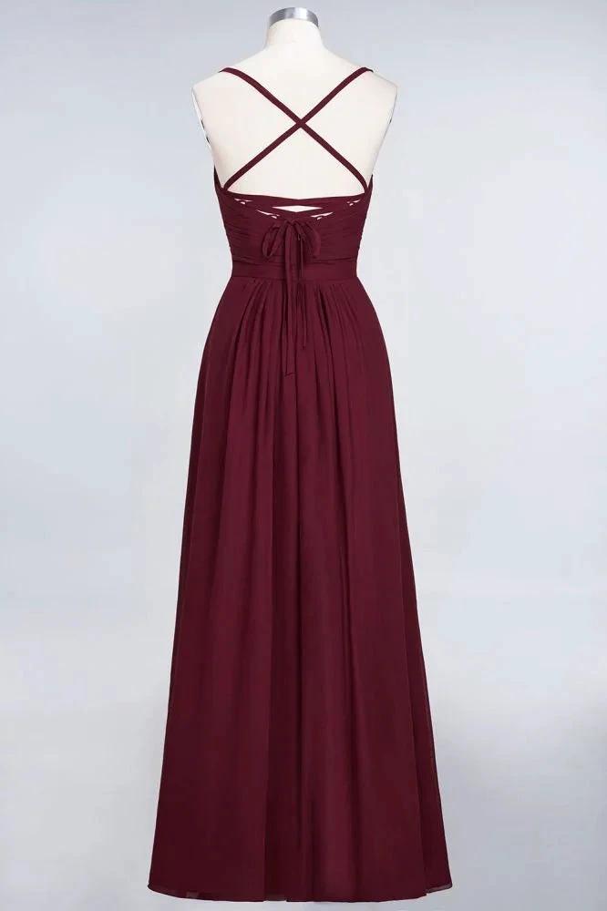 A-Line Spaghetti-Straps Sweetheart Sleeveless Bridesmaid Dress Ruffles Chiffon Evening Maxi Gown by misshow.com