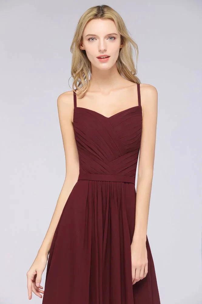A-Line Spaghetti-Straps Sweetheart Sleeveless Bridesmaid Dress Ruffles Chiffon Evening Maxi Gown by misshow.com