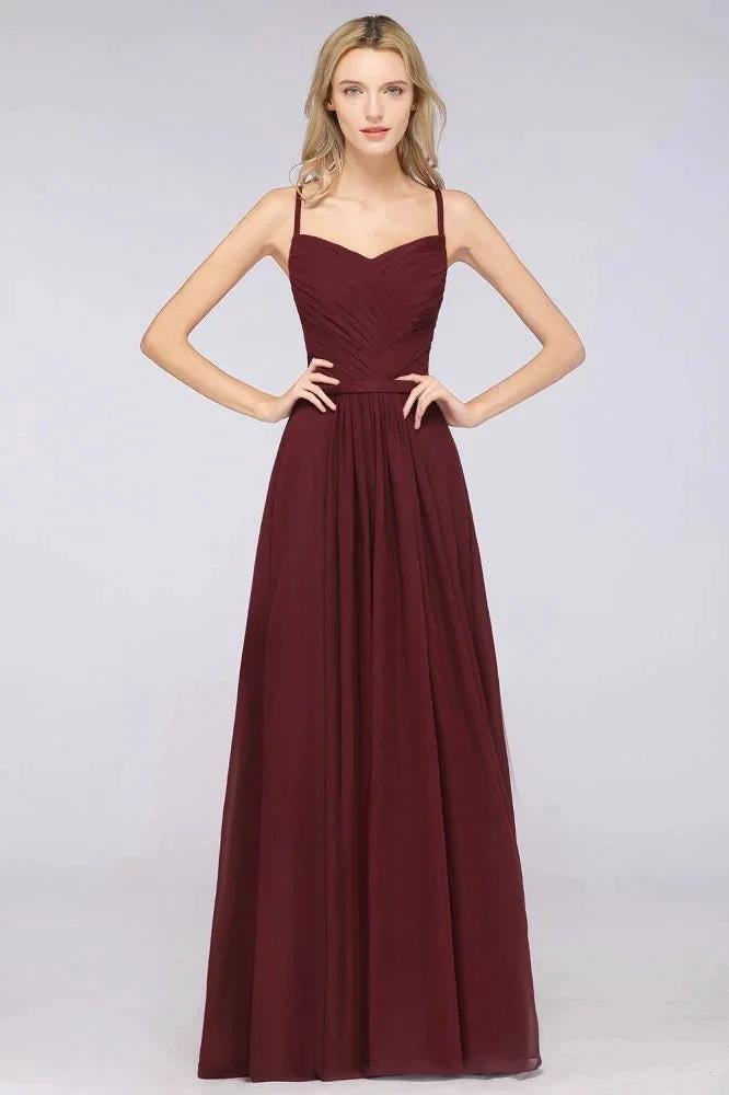 A-Line Spaghetti-Straps Sweetheart Sleeveless Bridesmaid Dress Ruffles Chiffon Evening Maxi Gown by misshow.com