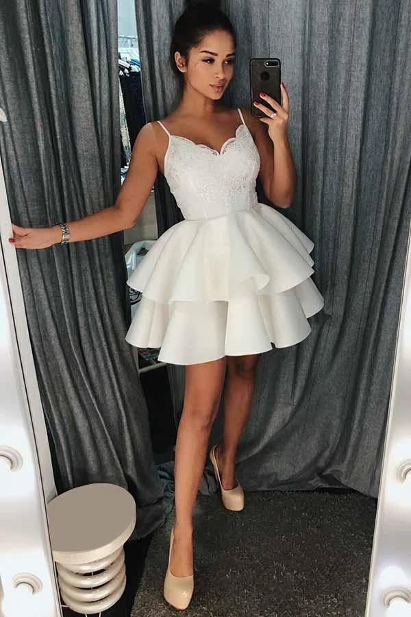 A-Line Spaghetti Straps Tiered Short Satin Homecoming Dress with Lace PD025 by pgmdress