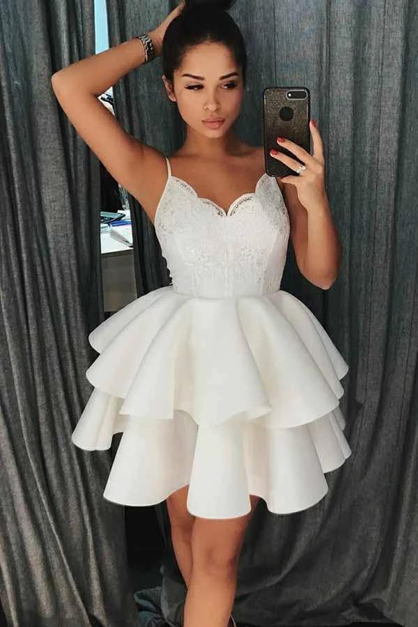 A-Line Spaghetti Straps Tiered Short Satin Homecoming Dress with Lace PD025 by pgmdress