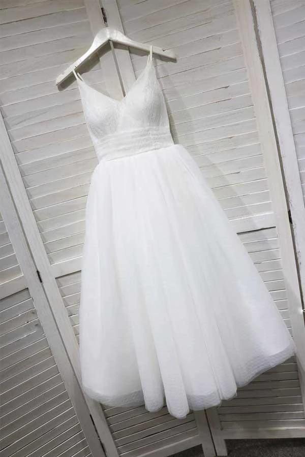 A-Line Spaghetti Straps White Homecoming Prom Dress with Tulle PD154 by pgmdress