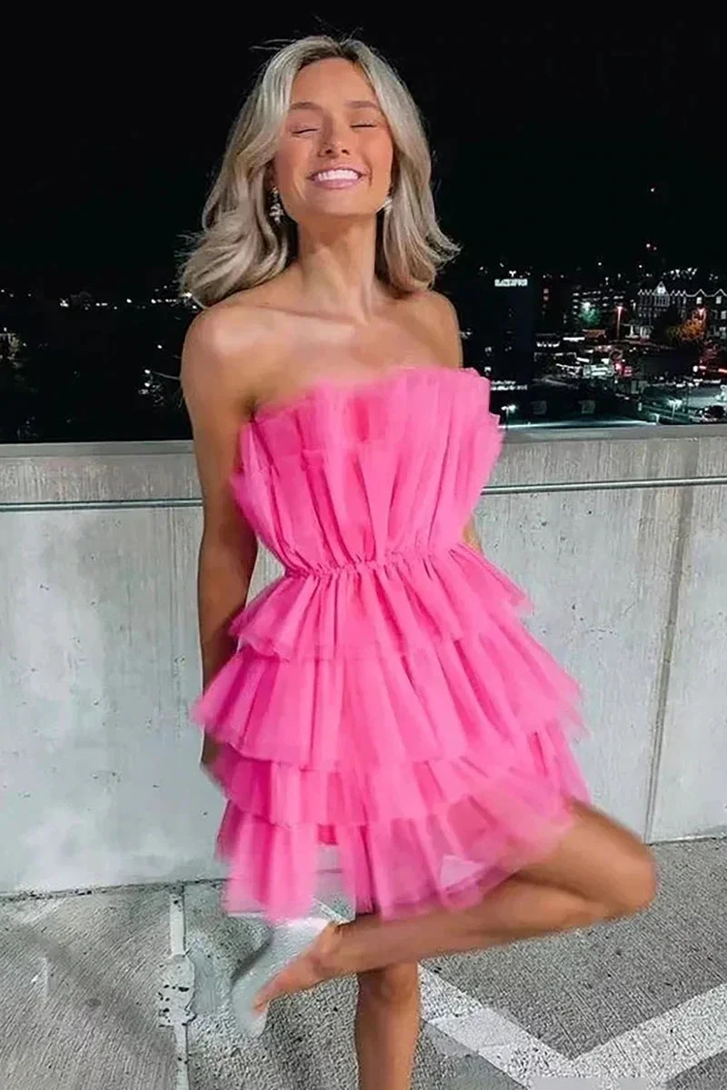 Azalea Strapless A-line Hot Pink Short Homecoming Dress by Ombreprom