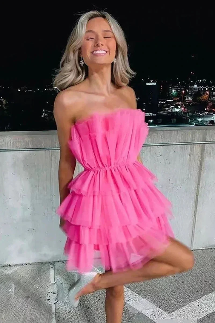 Azalea Strapless A-line Hot Pink Short Homecoming Dress by Ombreprom
