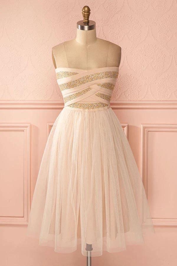A-Line Strapless Knee-Length Sweetheart Tulle Homecoming Dress PD137 by pgmdress