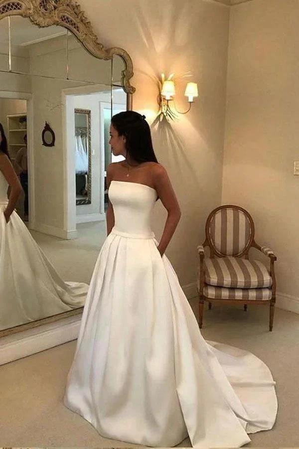 A-line Strapless Open Back Satin Ivory Wedding Dress with Pockets WD395 by pgmdress