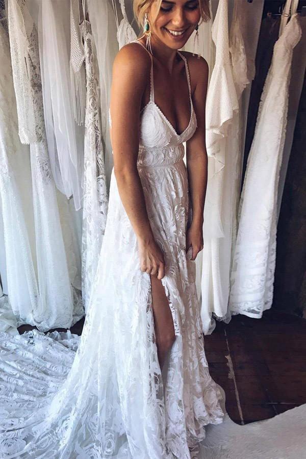 A-Line Straps Backless Court Train Lace Beach Wedding Dress WD108 by pgmdress
