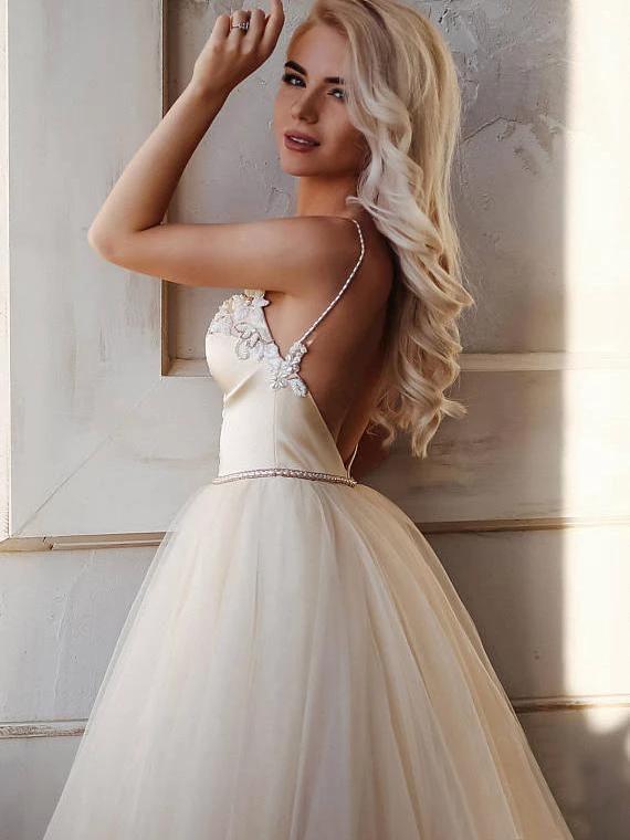 A-line Straps Floor length Beading Wedding Dress Long Prom Dress WD538 by pgmdress