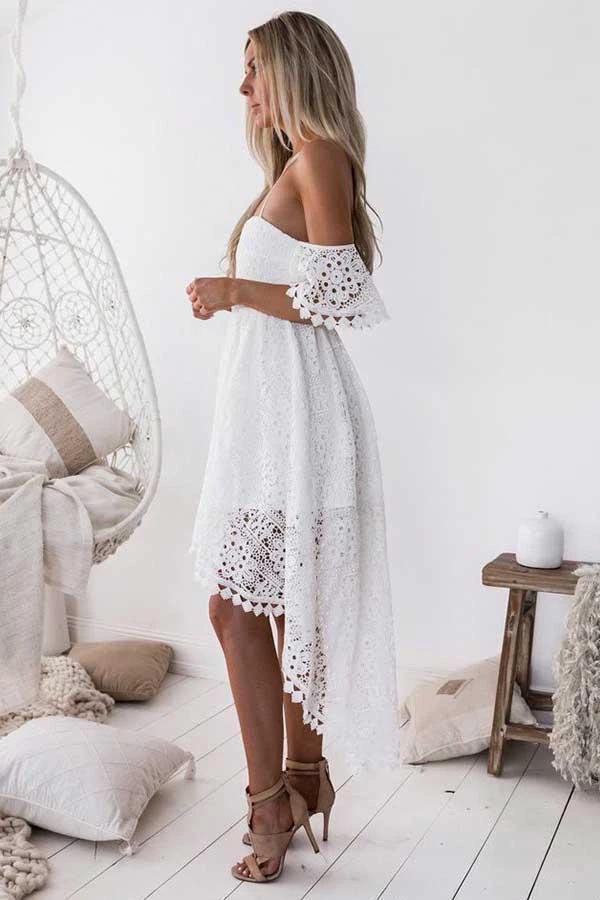 A-Line Straps Off-the-shoulder High Low White Lace Homecoming Dress PD013 by pgmdress