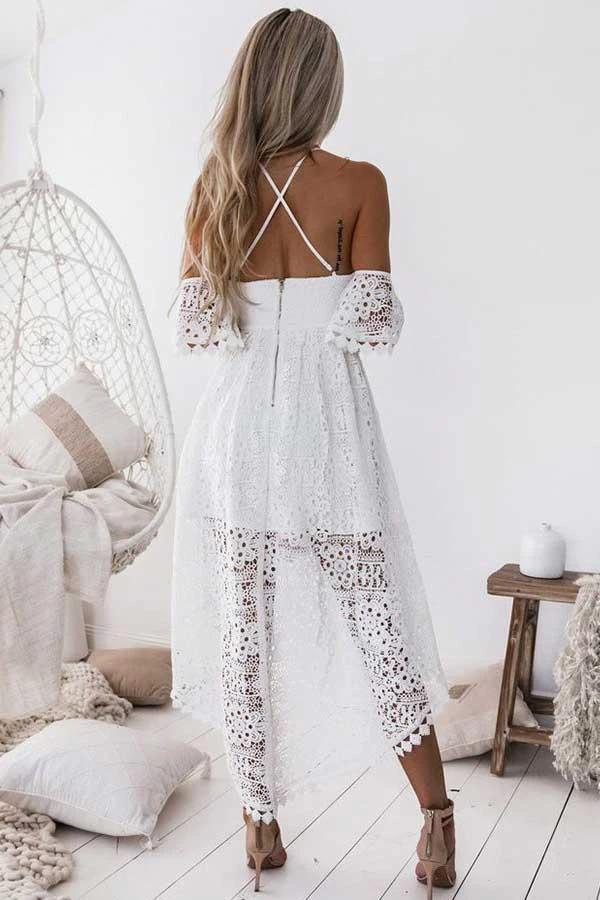 A-Line Straps Off-the-shoulder High Low White Lace Homecoming Dress PD013 by pgmdress