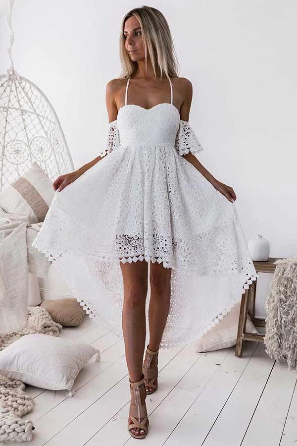 A-Line Straps Off-the-shoulder High Low White Lace Homecoming Dress PD013 by pgmdress