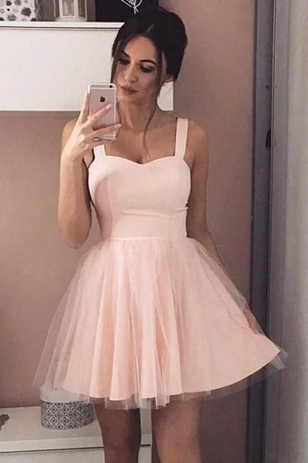 A-Line Straps Short Prom Dress Sleeveless Pink Tulle Homecoming Dress PD408 by pgmdress