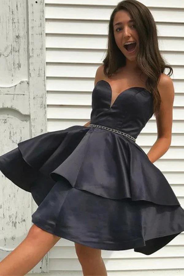 A-Line Sweetheart Black Satin Homecoming Dress with Ruffles Beading PD165 by pgmdress