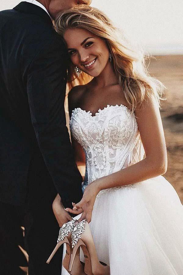 A-Line Sweetheart Court Train Tulle Wedding Dress with Appliques WD325 by pgmdress