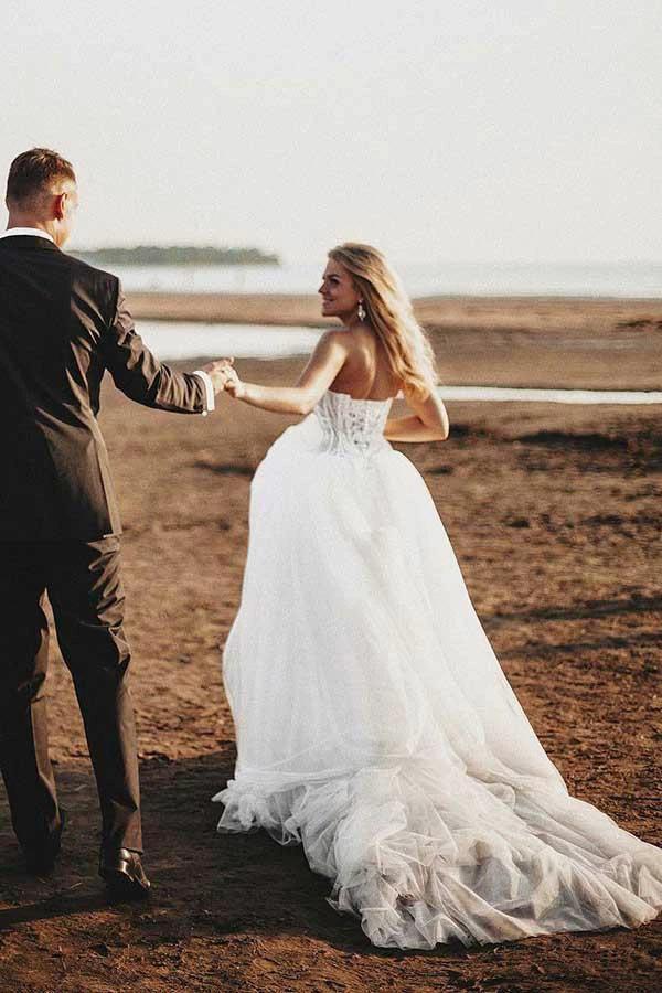 A-Line Sweetheart Court Train Tulle Wedding Dress with Appliques WD325 by pgmdress