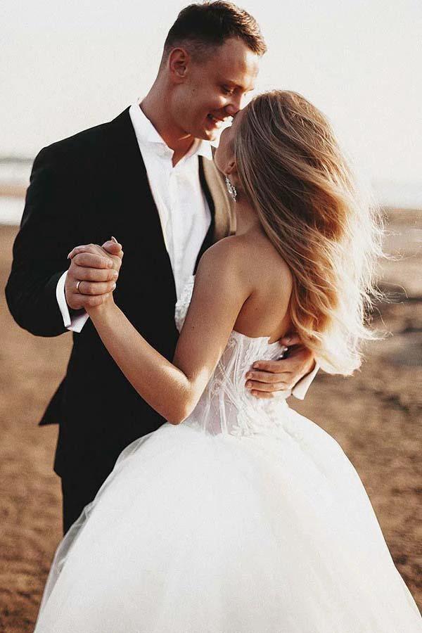 A-Line Sweetheart Court Train Tulle Wedding Dress with Appliques WD325 by pgmdress