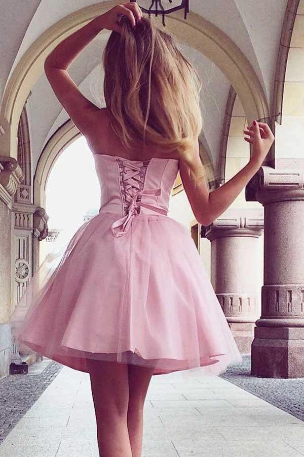 A-Line Sweetheart Lace-up Short Pink Tulle Homecoming Dress PD199 by pgmdress