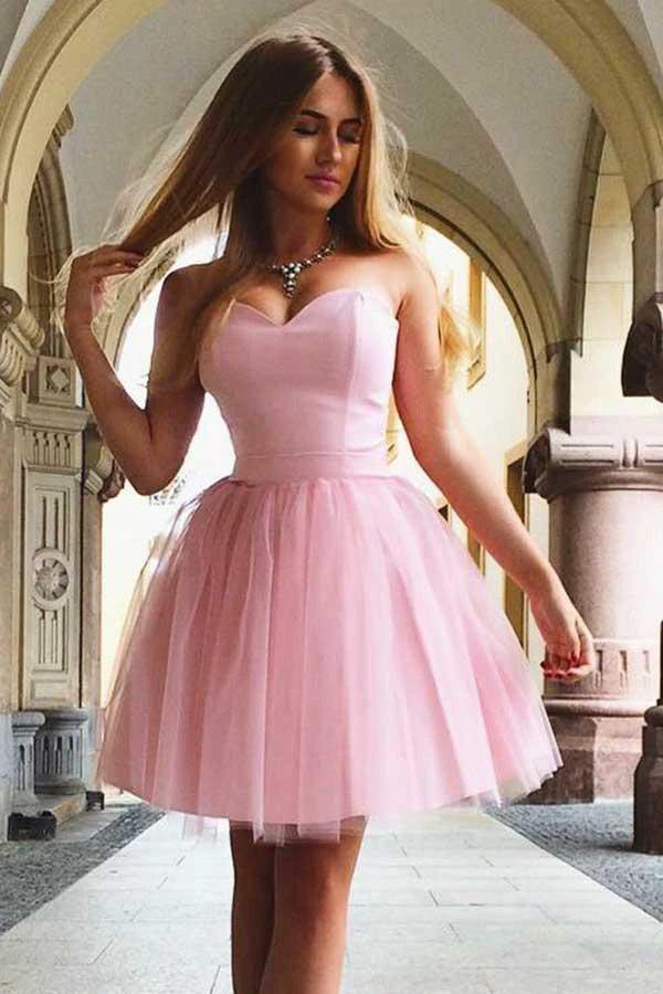 A-Line Sweetheart Lace-up Short Pink Tulle Homecoming Dress PD199 by pgmdress