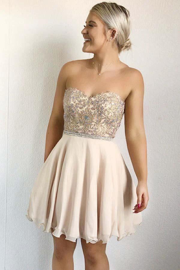 A-Line Sweetheart Pearl Pink Chiffon Homecoming Dress with Beading PD029 by pgmdress