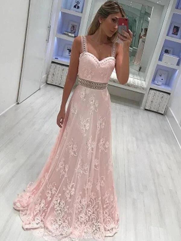 A-Line Sweetheart Sleeveless Floor-Length With Applique Satin Prom Dresses by misshow.com