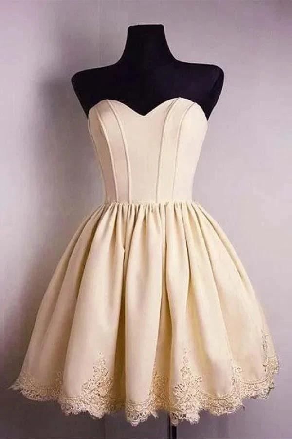 A-line Sweetheart Sleeveless Satin Homecoming Dresses With Lace Applique PD081 by pgmdress