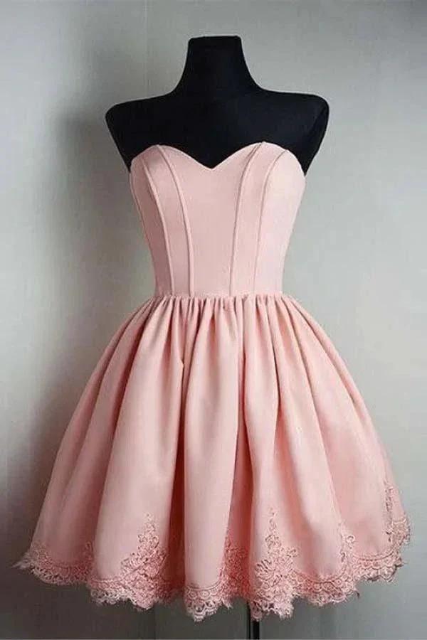 A-line Sweetheart Sleeveless Satin Homecoming Dresses With Lace Applique PD081 by pgmdress