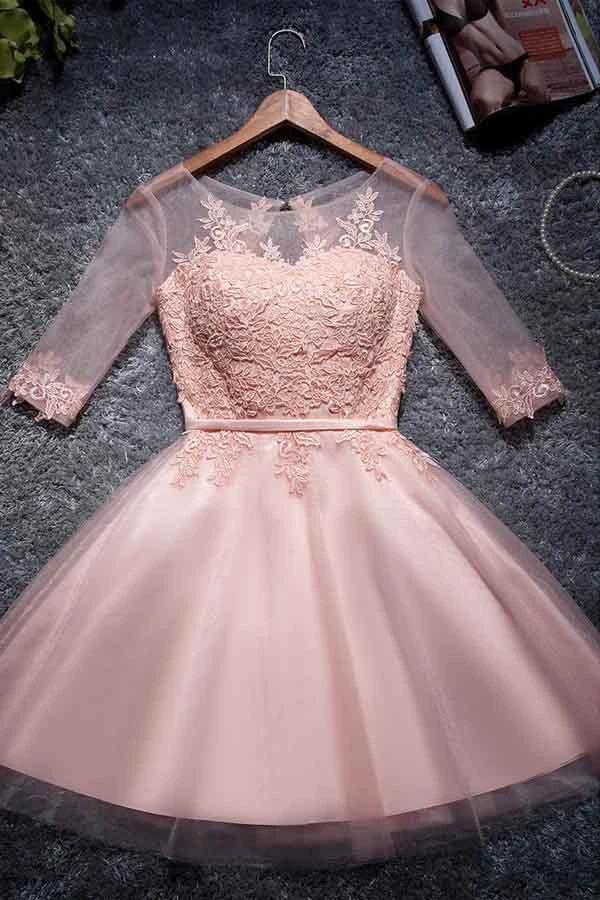 A-line Tulle Homecoming Dresses Scoop Pink Short/Mini Prom Dresses PD048 by pgmdress